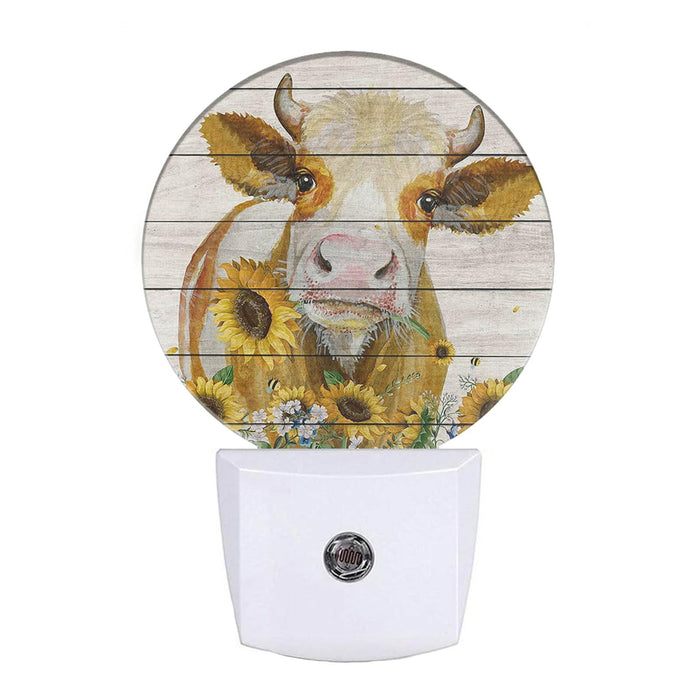 EKOBLA Rustic Farmhouse Cattle Night Light Cattle with Yellow Sunflower Night Lights Plug into Wall Auto on/Off LED Lamp Sleep Friendly for Boys Girls Seniors Elderly