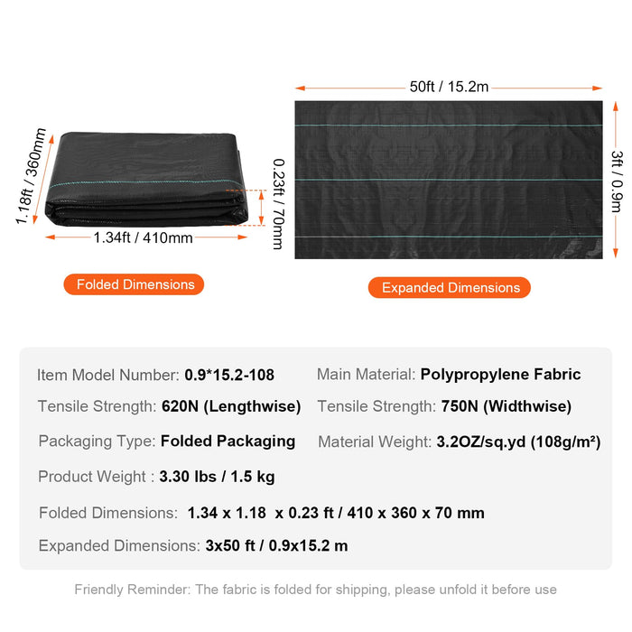 VEVOR 3FTx50FT Premium Heavy Duty Weed Barrier Landscape Fabric, 3.2OZ Woven Geotextile Fabric Under Gravel, High Permeability for Weed Blocker Weed Mat, Driveway Fabric, Weed Control Garden Cloth