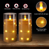 NURADA Flickering Flameless Candles: Built-in Star String Lights 3D Wick Acrylic Battery Operated LED Pillar Candles with Remote and Timer for Wedding Birthday Christmas Decor - Gray 2 Pack