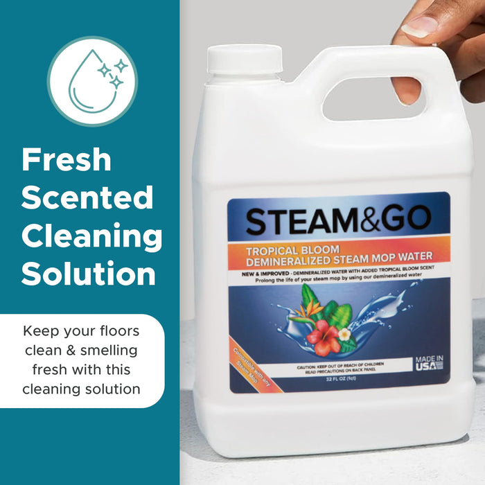 Steam & Go - Demineralized Water for Steam Cleaner, PVC-Free Floor Cleaner Liquid Compatible With Any Mop Steamer, Ready-to-Use Multisurface Cleaner, Scented, Tropical Bloom, 32 oz (Pack of 12)