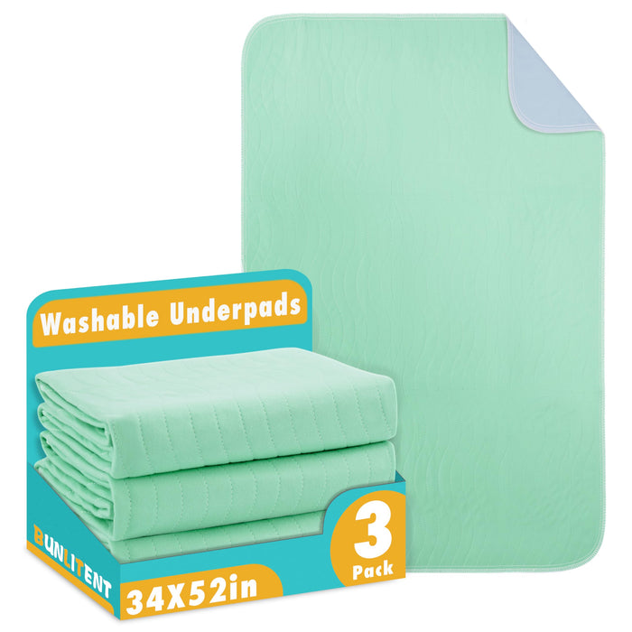 Bunlitent Washable Underpads,34 x 52 (3 Pack), Washable Toddler Mattress Incontinence Pads for Elderly, Adults, Kids and Pets, Reusable Waterproof Bed Underpads, Absorbent Leak Proof.