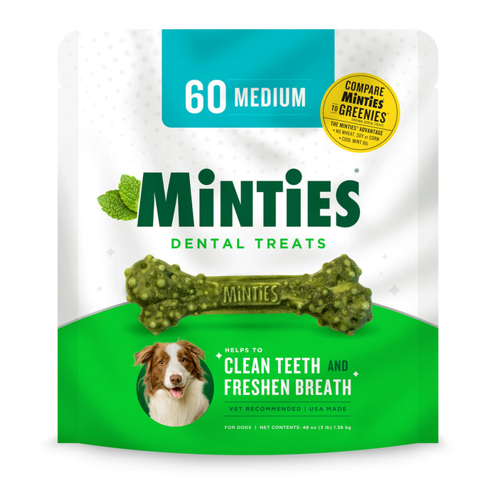 Minties Dental Chews for Dogs, 60 Count, Vet-Recommended Mint-Flavored Dental Treats for Medium Dogs 25-50 lbs, Dental Bones Clean Teeth, Fight Bad Breath, and Removes Plaque and Tartar