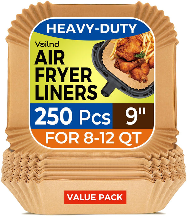 Vailnd Air Fryer Disposable Paper Liners 9inch Square, 125PCS Non-Stick Food Grade Air Fryer Parchment Paper, Oil Resistant & Waterproof Baking Liner for 8-12 QT Air Fryer Oven