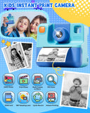 LETSHAHA Kids Camera Instant Print, Christmas Birthday Gifts for Toddle Girls Boys Age 3-12, 24MP & 1080P Selfie Digital Camera with 3 Roll No-Ink Print Paper 32G SD Card - Blue