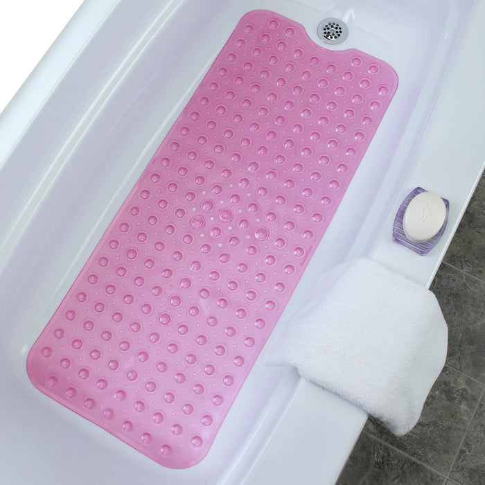 SlipX Solutions Power Grip Extra Long Bath Tub & Shower Mat 39x16, Wet Floor Non-Slip for Elderly & Kids Bathroom, 30% Longer Bathtub Mats, 200 Suction Cups, Drain Holes (1, Translucent Pink)