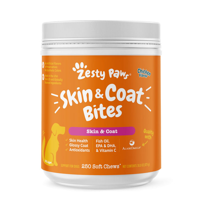 Zesty Paws Skin & Coat Bites for Dogs – Fish Oil Soft Chews with Omega-3 Fatty Acids EPA & DHA - Skin, Coat, Antioxidant & Immune Support – Chicken - 250 Count