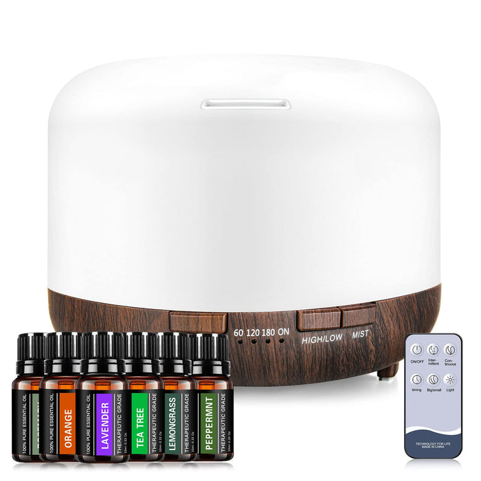 YIKUBEE 500ml Essential Oil Diffuser with Oils Set, 6x10mL Essential Oils for Diffusers for Home, Aromatherapy Humidifier, Diffusers for Essential Oils Large Room