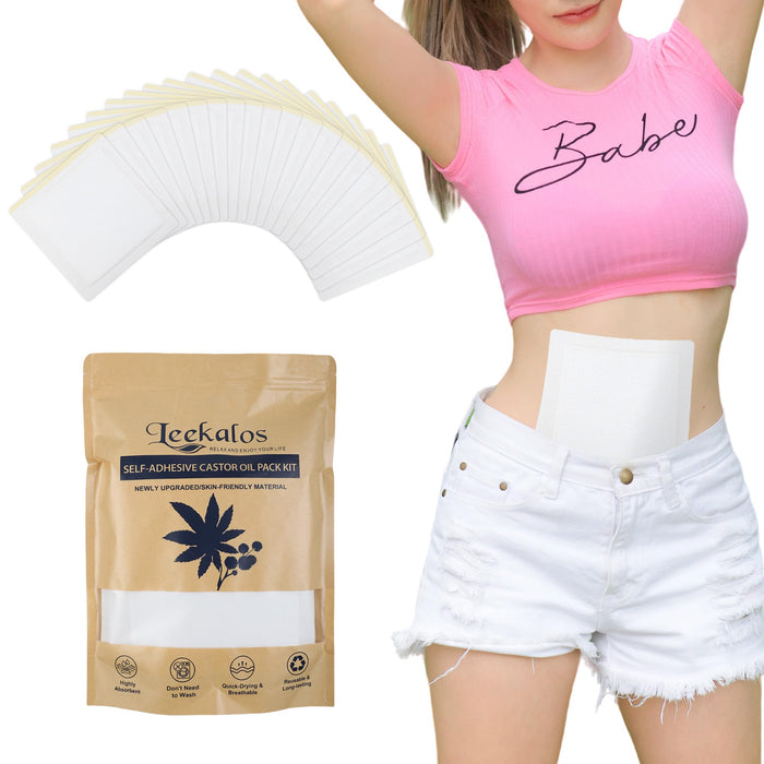 Leekalos 20 Piece Organic Castor Oil Pack Wrap for Liver Detox,Self-Adhesive Castor Oil Wrap,Flexible Highly Absorbent Castor Oil Pack Kit，No Wash, Easy to Use,Anti Oil Leak (Oil Not Included)