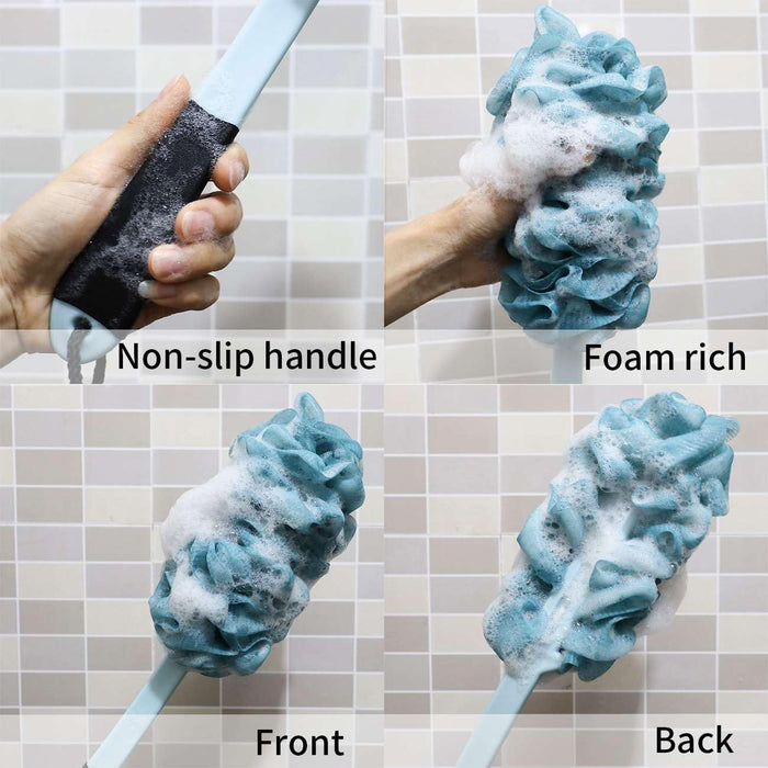 Jxicleang Back Scrubber for Shower, Back Loofah with Non-Slip Handle, Shower Loofah with Handle, Soft Nylon Mesh Sponge On a Stick for Men Women Elderly Kids (2 Pack= Two Blue)