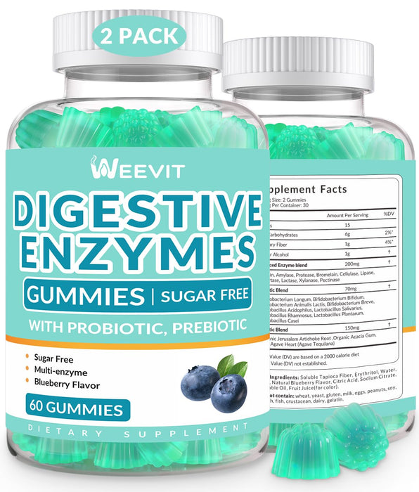 WEEVIT Digestive Enzymes Gummies - 2 Months Supply - Chewable Digestive Enzymes Gummy with Probiotics & Prebiotics Blend for Women Men, Sugar Free | Vegan | Blueberry Flavored (Pack of 2)