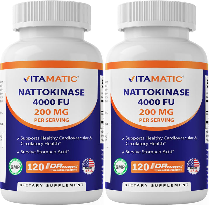 Vitamatic 2 Packs Nattokinase Supplement 4,000 FU Servings, 120 Delayed Released Capsules - Survives Stomach Acids - Non-GMO & Gluten Free - Made in The USA