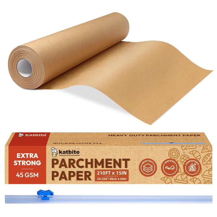 Katbite Unbleached Parchment Paper for Baking, 15 in x 210 ft, 260 Sq.Ft, Heavy Duty Baking Paper with Slide Cutter, Non-stick Brown Parchment Paper Roll for Cooking, Air Fryer, Steaming, Baking Bread