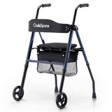 OasisSpace Folding Walker with Seat, 6” Front Wheel Walkers for Senior, 3 in 1 Adult Standard Walker with Backrest & Storage Bag Support up to 300lbs Blue