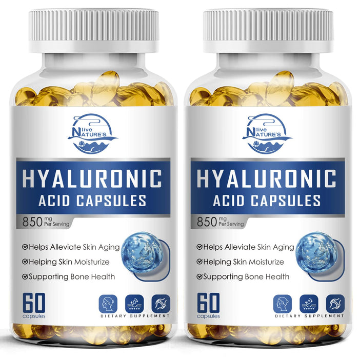 Nature's live Hyaluronic Acid Supplements, 850mg High Bioavailable Dietary Hyaluronic Acid Capsules, Double Strength Skin Hydration, Joint Lubrication, 60 Capsules, 2Pack