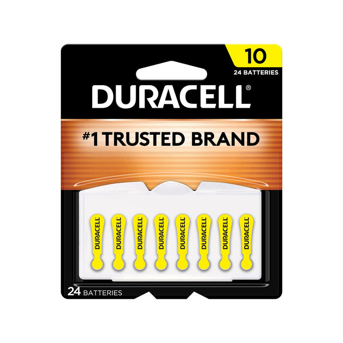 Duracell Hearing Aid Batteries Yellow Size 10, 24 Count Pack, 10A Size Hearing Aid Battery with Long-Lasting Power, Extra-Long EasyTab Install for Hearing Aid Devices