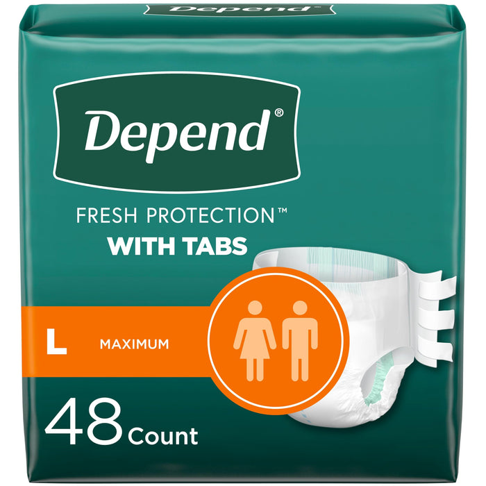 Depend Incontinence Protection with Tabs, Unisex, Large (35–49" Waist, over 170 lbs), Maximum Absorbency, 48 Count (3 Packs of 16)