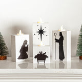 VIHOSE 4 Pcs Christmas Nativity Scene Candle Holders Tea Light Jesus Advent Candle Holder Wood Block Nativity Table Centerpiece Decor with Battery Operated LED Candles for Christian Gift