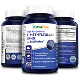NusaPure L Methylfolate 15mg, 120 Veggie Capsules, Bioperine
