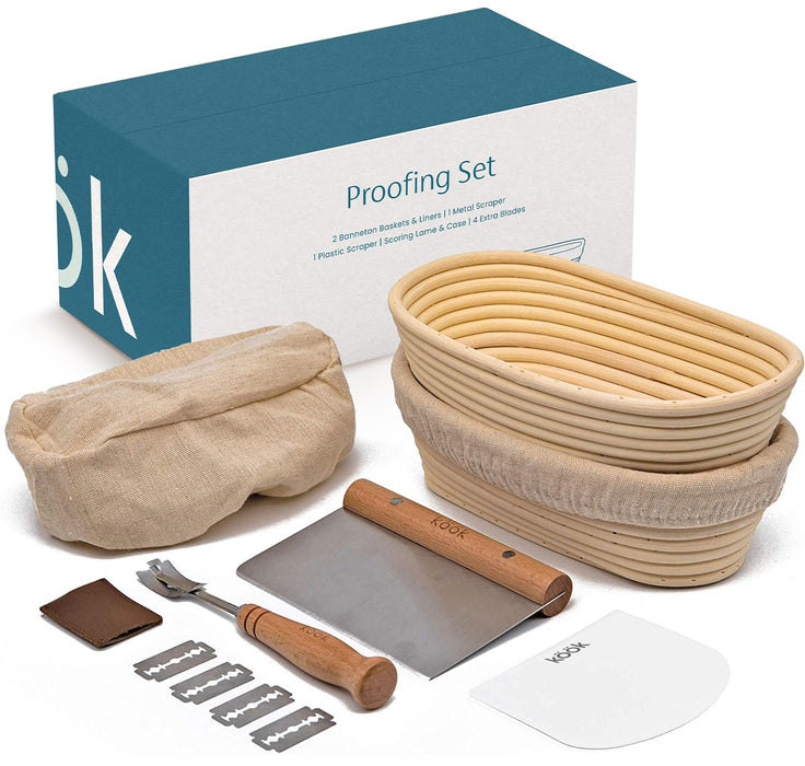 Kook Banneton Bread Proofing Set, Artisan Sourdough Bread Making Kit, 9.8 Inch Rattan Baskets and Liners, Metal & Plastic, Scrapers, Scoring Lame & Case, 4 Extra Blades, Set of 2, Oval