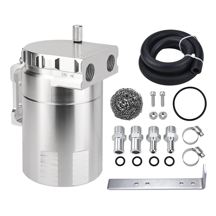 EVIL ENERGY Oil Catch Can, Universal Baffled Catch Can Kit with NBR Fuel Hose, 300ml Aluminum Air Oil Separator Tank for PCV System Silver