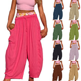 Quinn Pants for Women Plus Size Wide Leg Linen Pants with Pockets Summer Elastic Waist Drawstring Harem Pants High Waisted Baggy Casual Palazzo Pants Boho Flowy Beach Pants Loose Hippie Pants A-Black