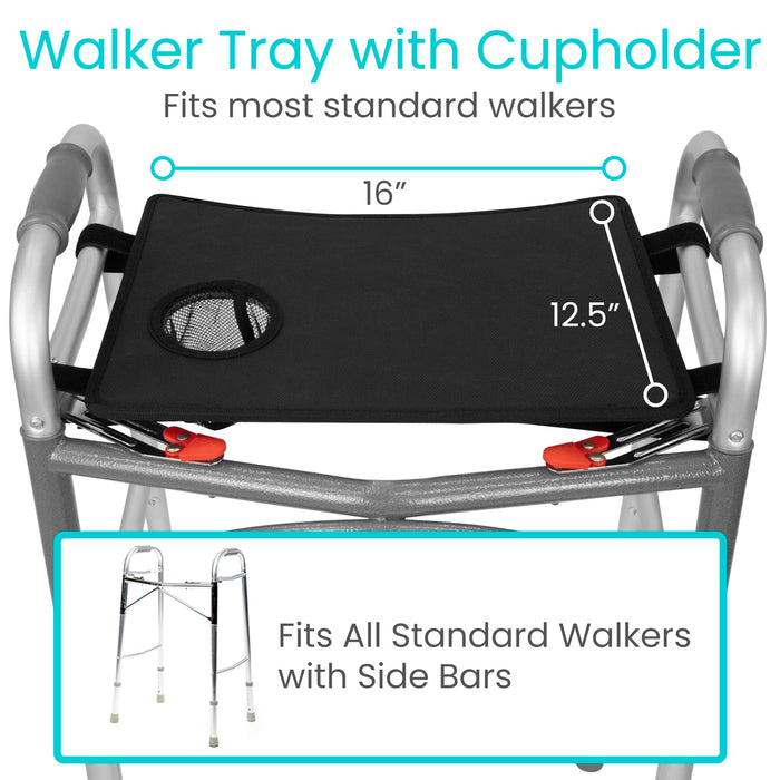 Vive Walker Tray for Folding Walker - (w/Cup Holder) - Adult Mobility Accessories - Fits Standard Walkers - Medical Table for Seniors Non Slip Mat for Food - Removable & Easy Assembly