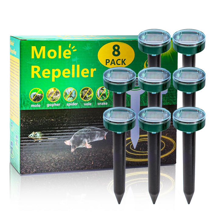 Upgrade 8PK Mole Repellent for lawns Gopher Repellent Ultrasonic Solar Powered Snake Repellent Deterrent Mole Repeller Vole Repellent Outdoor Lawns Garden Yard All Pests Sonic Spikes Stakes Chaser