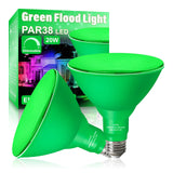 LOXYEE PAR38 Flood Green Light Bulb,2 Pack-Dimmable,E26 Base Green Flood Light Outoor(20W Replace to 200W),Green Light Bulb Outdoor Porch,Colored Light,Spot Light,Halleween,Christmas Lighting