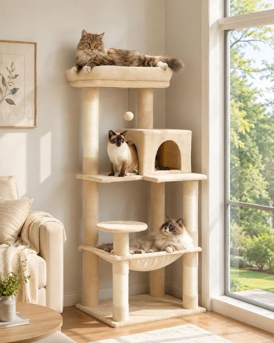 MUTTROS Cat Tree for Large Cats Adult with Metal Plush Big Hammock, 56.3" Cat Tower with 2 Door Condo House, 6-Tier Cat Shelves with Scratching Posts and Large Top Perch, Beige