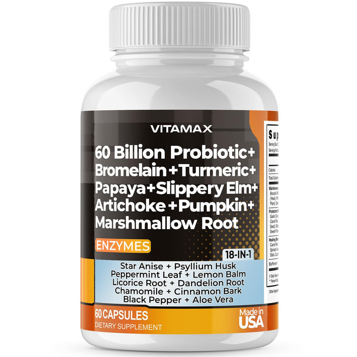 Vitamax 60B Probiotic Digestive Gut Health Supplement - Slippery Elm, Coriander, Papaya, Turmeric, Ginger, Psyllium Husk, Licorice, Marshmallow Root - Men & Women - Made in USA (60 Count (Pack of 1)