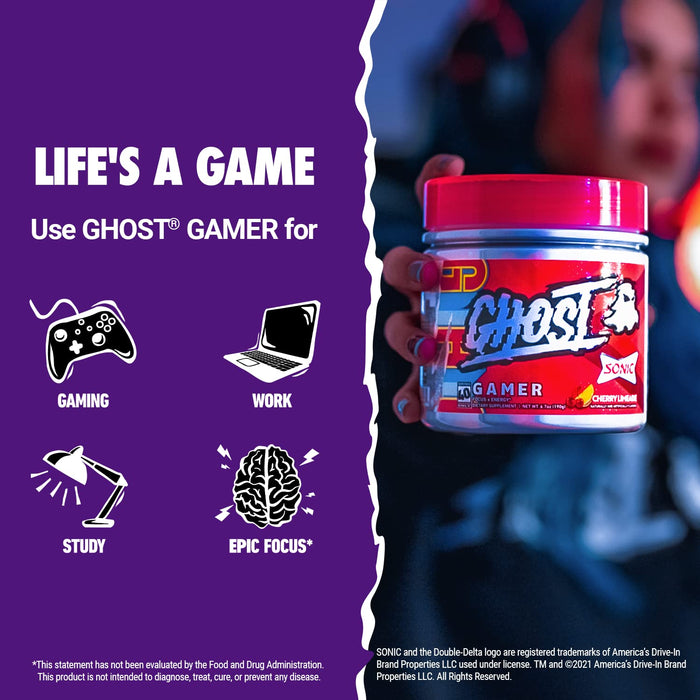 GHOST Gamer: Energy and Focus Support Formula - 40 Servings, Sonic Cherry Limeade - Nootropics & Natural Caffeine for Attention, Accuracy & Reaction Time - Vegan, Gluten-Free