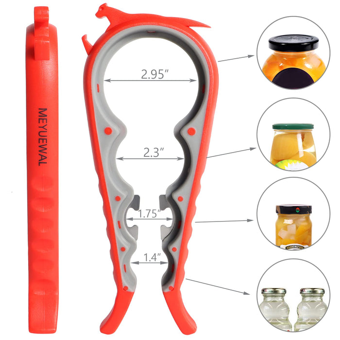 MEYUEWAL Jar Opener for Seniors with Arthritis, 6 In 1 Lid Opener Bottle Opener for Weak Hands, Easy Can Opener Manual, Heavy Duty & Smooth Edge, Jar Opener Gripper for Elderly Kitchen Home (Red)