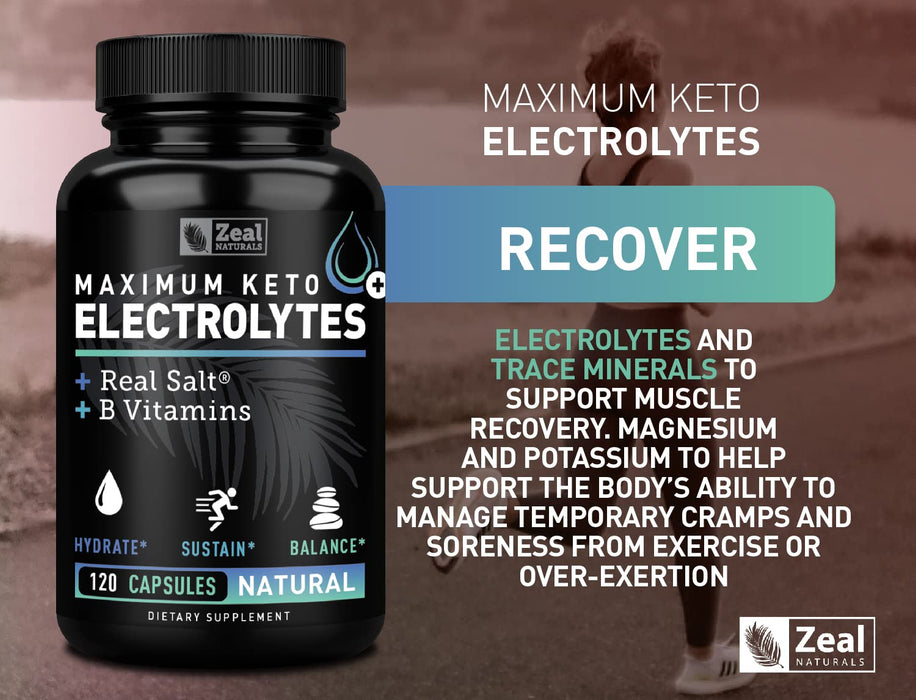 Keto Electrolyte Supplement (120 Capsules) Maximum Keto Electrolytes Supplements Pills w Real Salt®, B Vitamins, Magnesium and Potassium Supplement - Salt Pills & Electrolyte Tablets