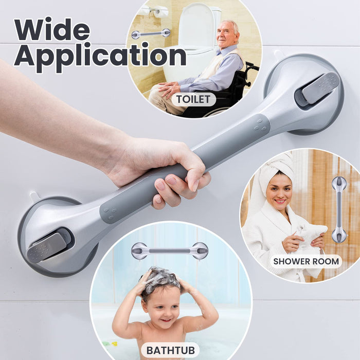 LEVERLOC Shower Grab Bars 2 Pack, Suction Grab Bars Easy to Install Shower Handle for Bathroom Removable Handrails for Seniors Elderly Heavy Duty Safety Shower Grip Waterproof Drill Free, Silver