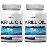 Twinbest 2 Pack Antarctic Krill Oil Softgels, 1000mg Per Serving, 240 Count – Rich in Omega 3 Fatty Acids, EPA, DHA, Phospholipids, and Astaxanthin – Antioxidant Supplement