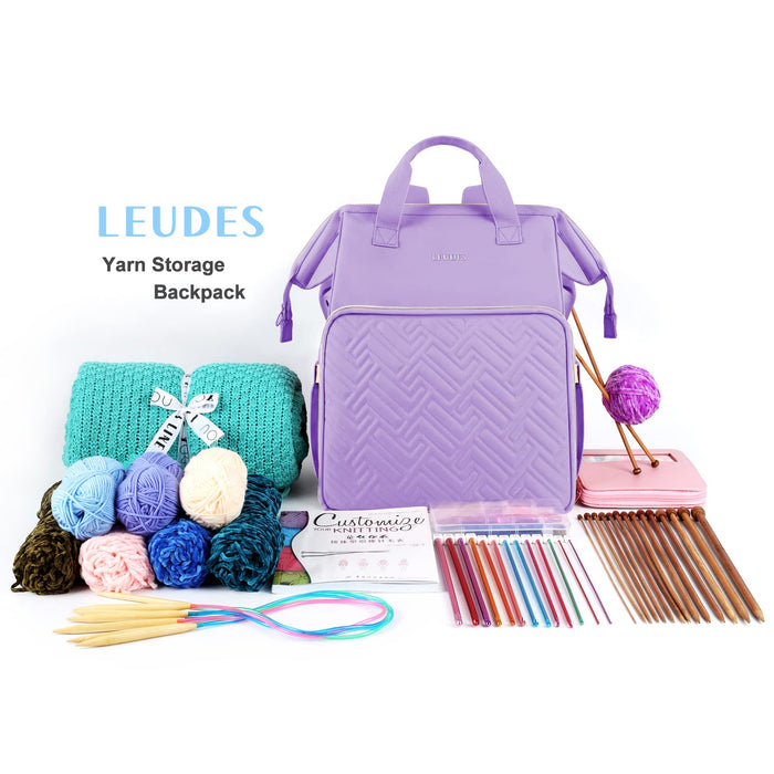 Leudes Knitting Bag Backpack, Yarn Storage Organizer Large Crochet Bag Tote Christmas Gift Yarn Holder Case for Carrying Projects, Knitting Needles (Purple)