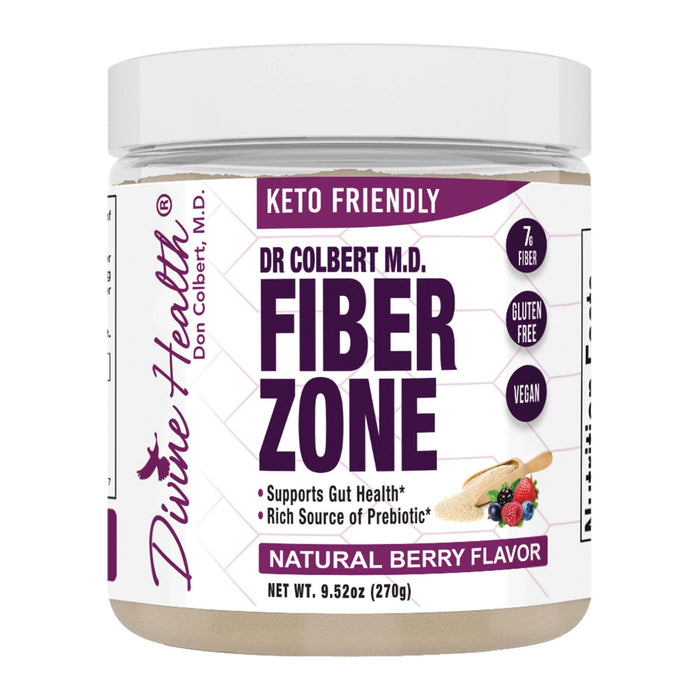 Divine Health Dr Colbert MD Fiber Zone Powder | Berry Flavor Prebiotics, Isoluble & Soluble Fiber | Psyllium Husk & Inulin | 6g Fiber | Recommended in Healthy Gut Zone Book | 9.52 oz