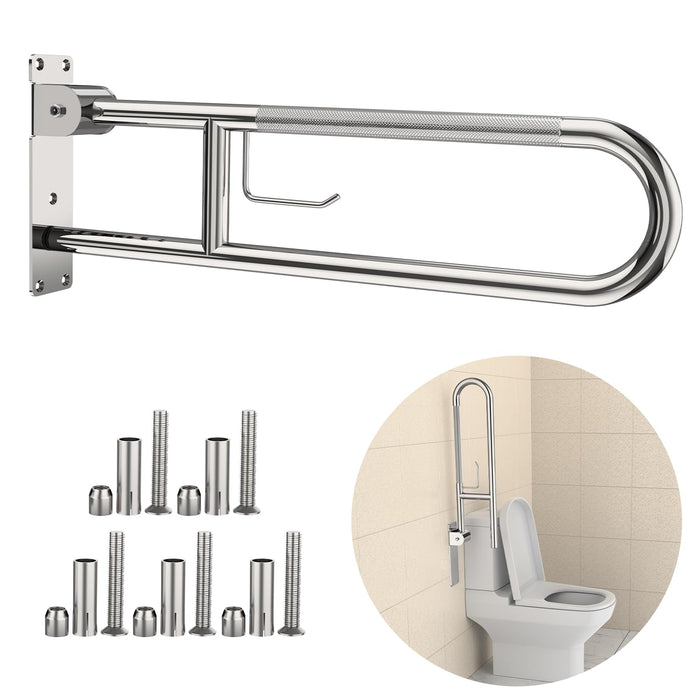 Toilet Grab Bar 30.3 Inch, YuanDe Flip Up Grab Bar with Paper Holder, Polished Chrome Anti-Slip Safety Bars for Toilet, Stainless Steel Knurled Toilet Handles for Seniors Disabled Elderly Pregnant