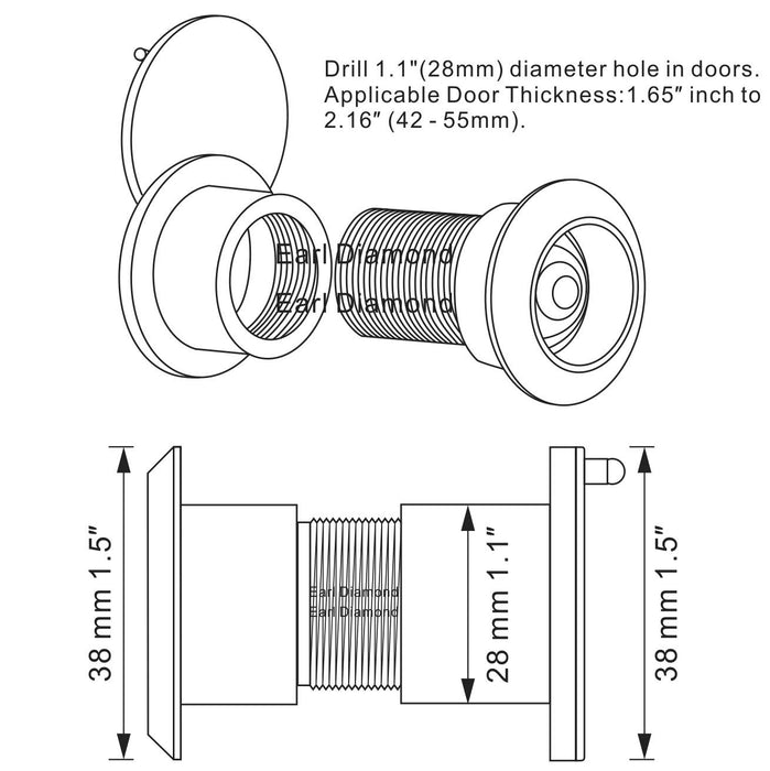 Earl Diamond - Solid Brass Door Viewer Peephole, 220-Degree Security Peephole with Heavy Duty Rotating Privacy Cover for 1-21/32" to 2-1/8" Doors for Home Office Hotel - Modern Black Finish