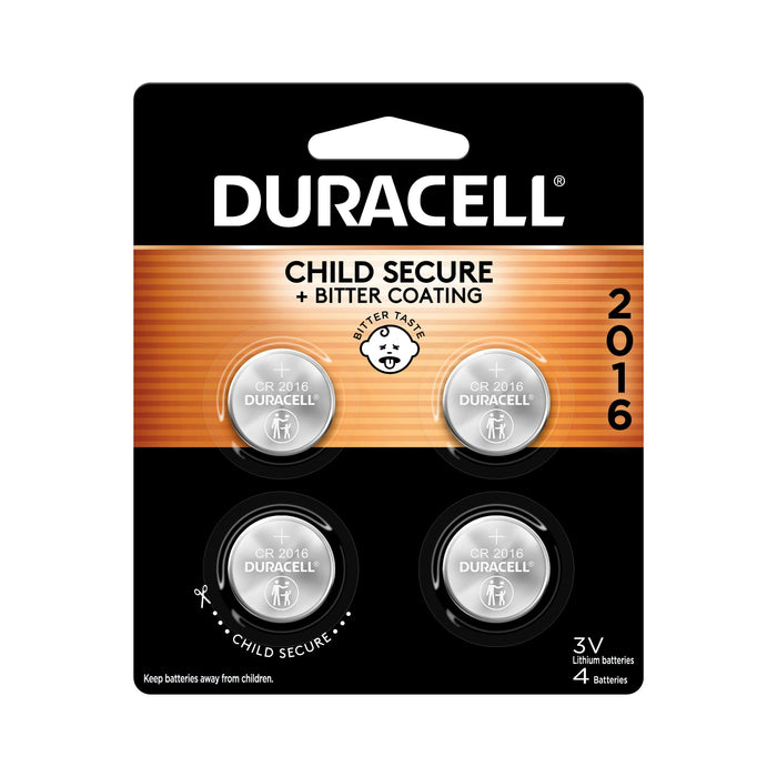 Duracell 2016 Lithium Battery, 4 Count (Pack of 1), Child Safety Features, Lithium Coin Battery for Key Fob, Car Remote, and other devices CR2016 Lithium 3 Volt (3V) Cell