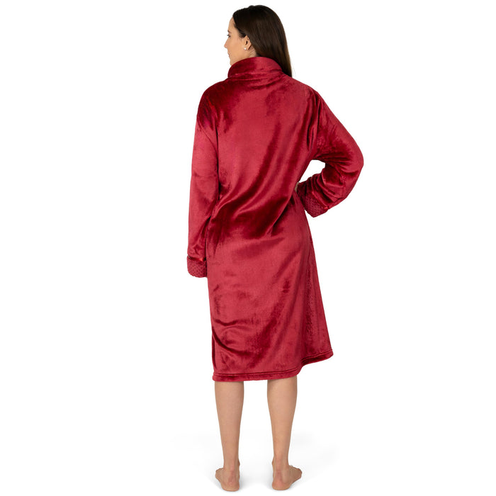 PAVILIA Womens Housecoat Zip Robe, Fleece Zip Up Front Robe Bathrobe, Plush Warm Zipper House Coat Lounger for Women Ladies Elderly with Satin Trim, Pockets, Long Plus Size - Wine Red (2x/3x)