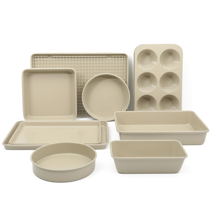 Martha Stewart Gallen 10 Piece Baking Pans Ceramic PFA Free Non Toxic Non Stick Bakeware Set - Taupe