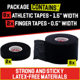 Summum Fit Black Athletic Tape Extremely Strong: 8 Rolls + 2 Finger Tape. Easy to Apply & No Sticky Residue. Sports Tape for Boxing, Football or Climbing. Enhance Wrist, Ankle & Hand Protection Now