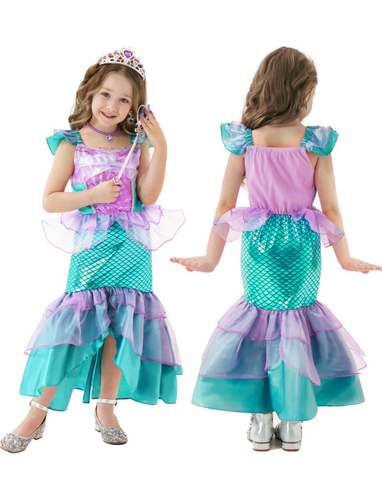 Esvaiy Mermaid Costume for Girls Halloween Birthday Princess Toddler Kids Costumes Mermaid Dress (Purple-green, 4Y)