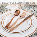 SIRSIMON 250 Piece Disposable Rose Gold Plastic Dinnerware Set - 50 Rose Gold Plastic Plates - 25 Rose Gold Plastic Silverware - 25 RoseGold Cups and Straws - 50 Fancy Napkins, Wedding or Party of 25