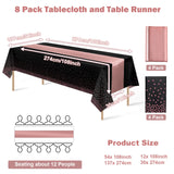 8Pack Disposable Plastic Tablecloths and Satin Table Runner Set Black and Rose Gold Dot Tablecloth Gold Satin Table Runner for Wedding Birthday Baby Shower Anniversary Christmas New Year Party Supply