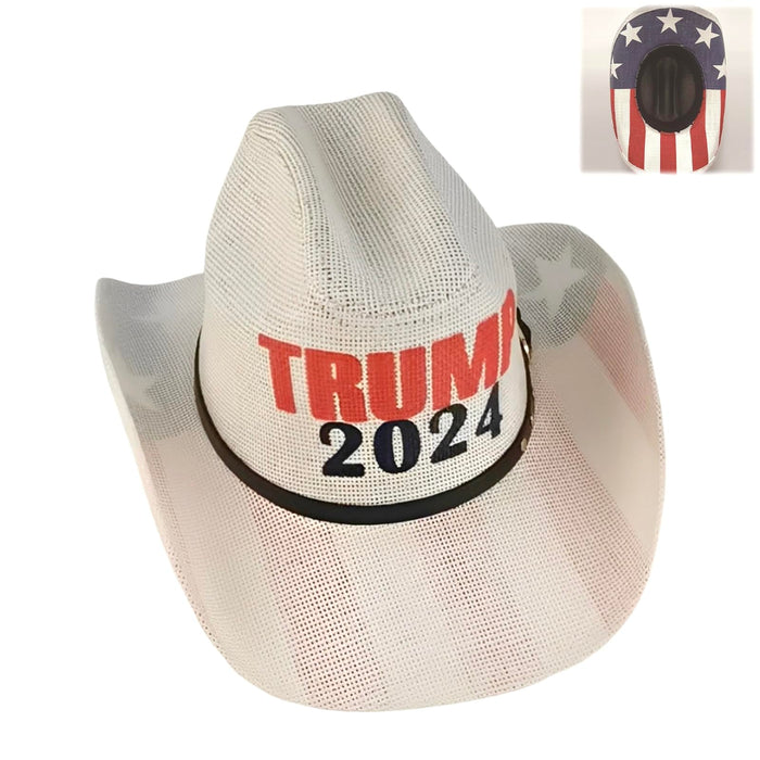 Generic Trump 2024 Western Cowboy Hat, American Flag Cowboy Hat for Men and Women, Wide Brim Straw Cowboy and Cowgirl Hat, Classic Outdoor Sunshade Cowboy Hats with Belt Buckle Multicolor