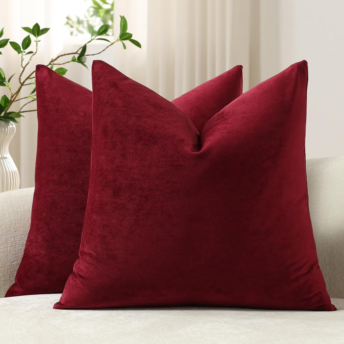 DEZENE Throw Pillow Covers 18x18 Wine Red: Pack of 2 Cozy Soft Velvet Square Modern Luxury Decorative Throw Pillow Cases for Christmas Sofa Couch Living Room Bed Home Decor
