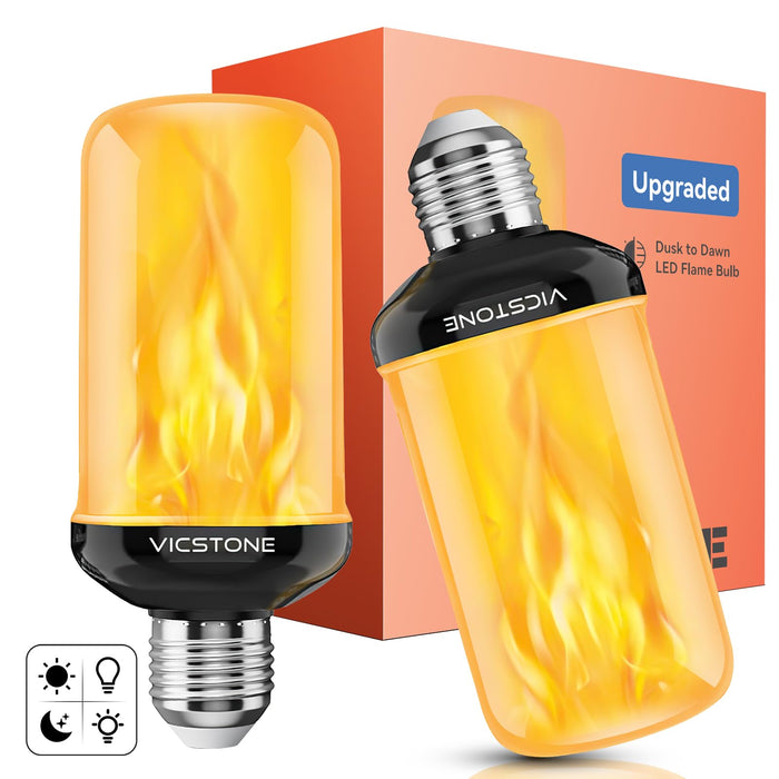 Vicstone Dusk to Dawn LED Flame Light Bulbs Outdoor, 4 Modes Flickering Light Bulbs with Upside Down Effect, E26 Fire Bulb for Halloween Christmas Party Patio Porch Home Indoor Decorations - 2
