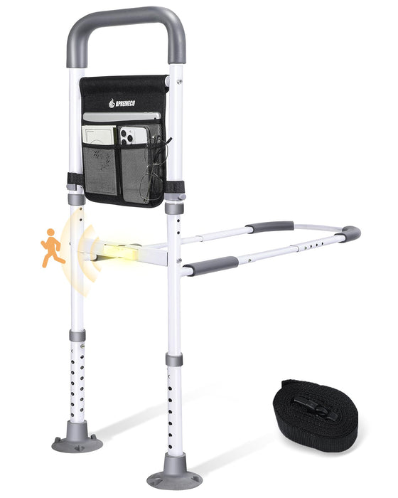 BPREINECO Bed Rails for Elderly Adults Safety, Reinforced Bed Handle Bedside Assist with Motion Sensor Light & Storage Pocket, Adjustable Bedrail Grab Bar Handrails, Stable Bed Can for Seniors, Gray